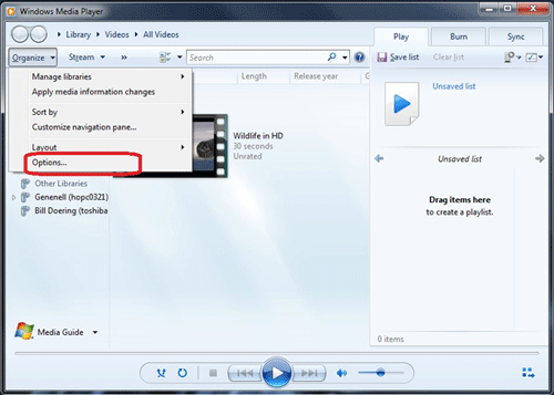 Windows Media Player Organize, Options